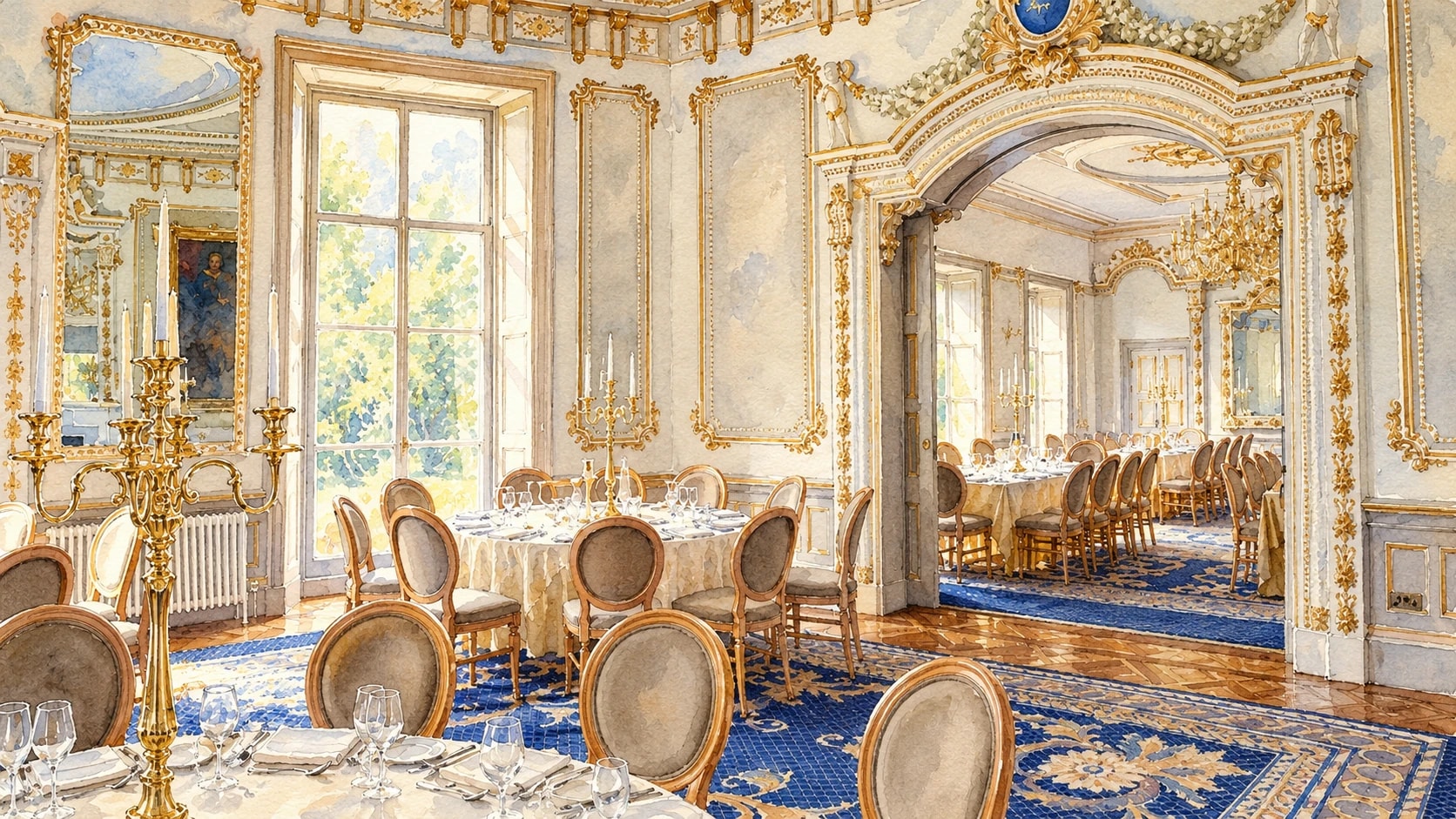 Watercolor of Markree Castle’s gilded dining room, set for a celebration